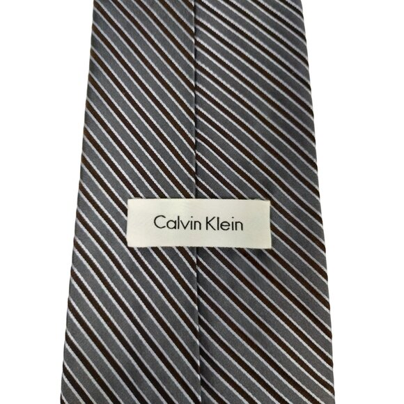Calvin Klein Mens Vintage Gray and Brown Classic Design Striped Silk Tie - Picture 8 of 9
